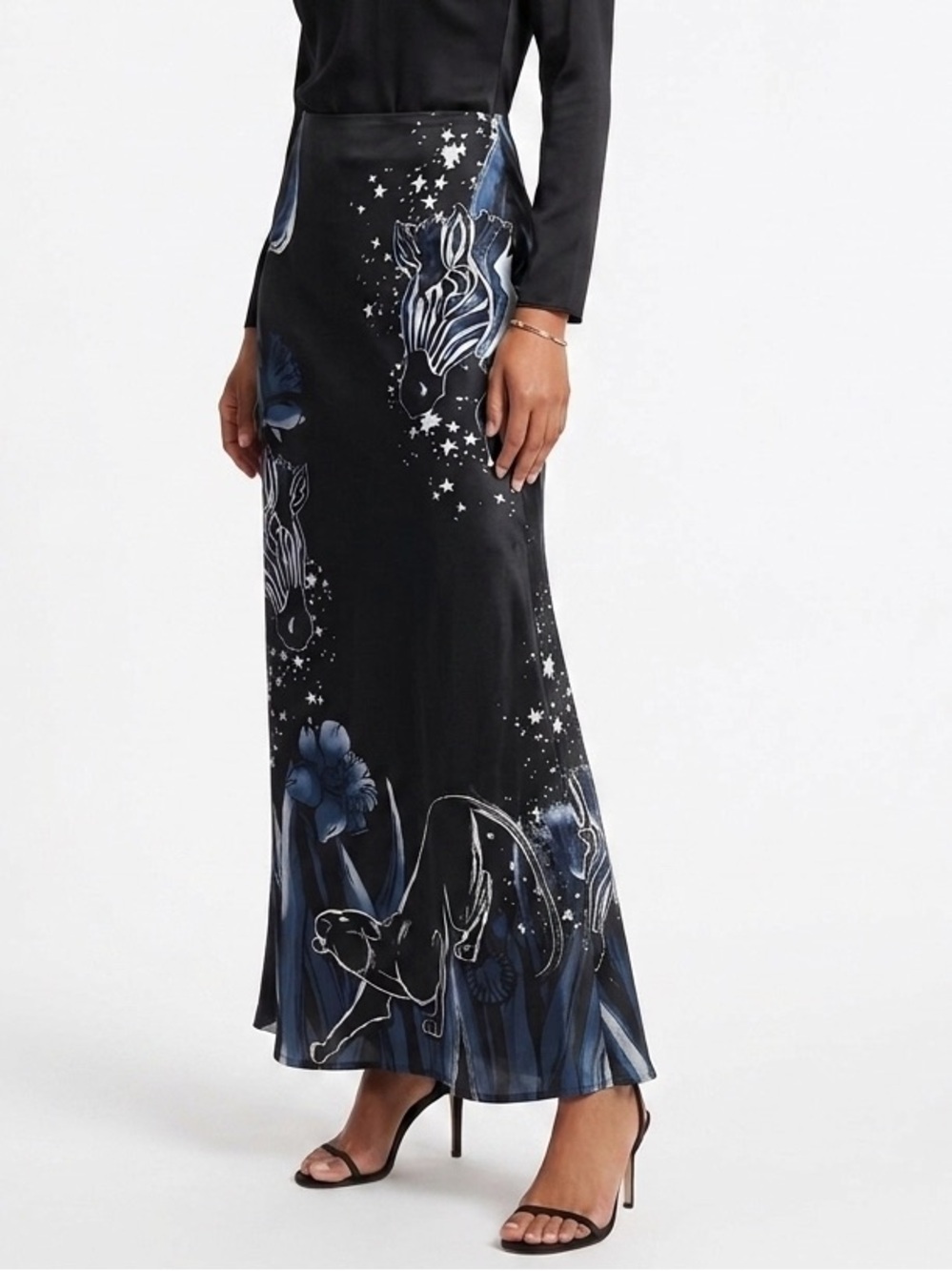 Cavalli Class Silk Black Panther Zebra Safari Maxi Skirt Blue Black Sz 4